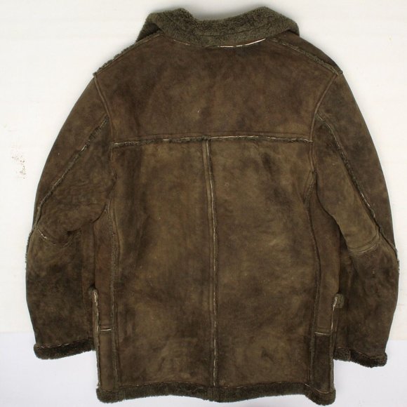Structure Mens Shearling Coat L Earthy Moss Green Sheepskin Ranch Style Wool - Picture 2 of 8